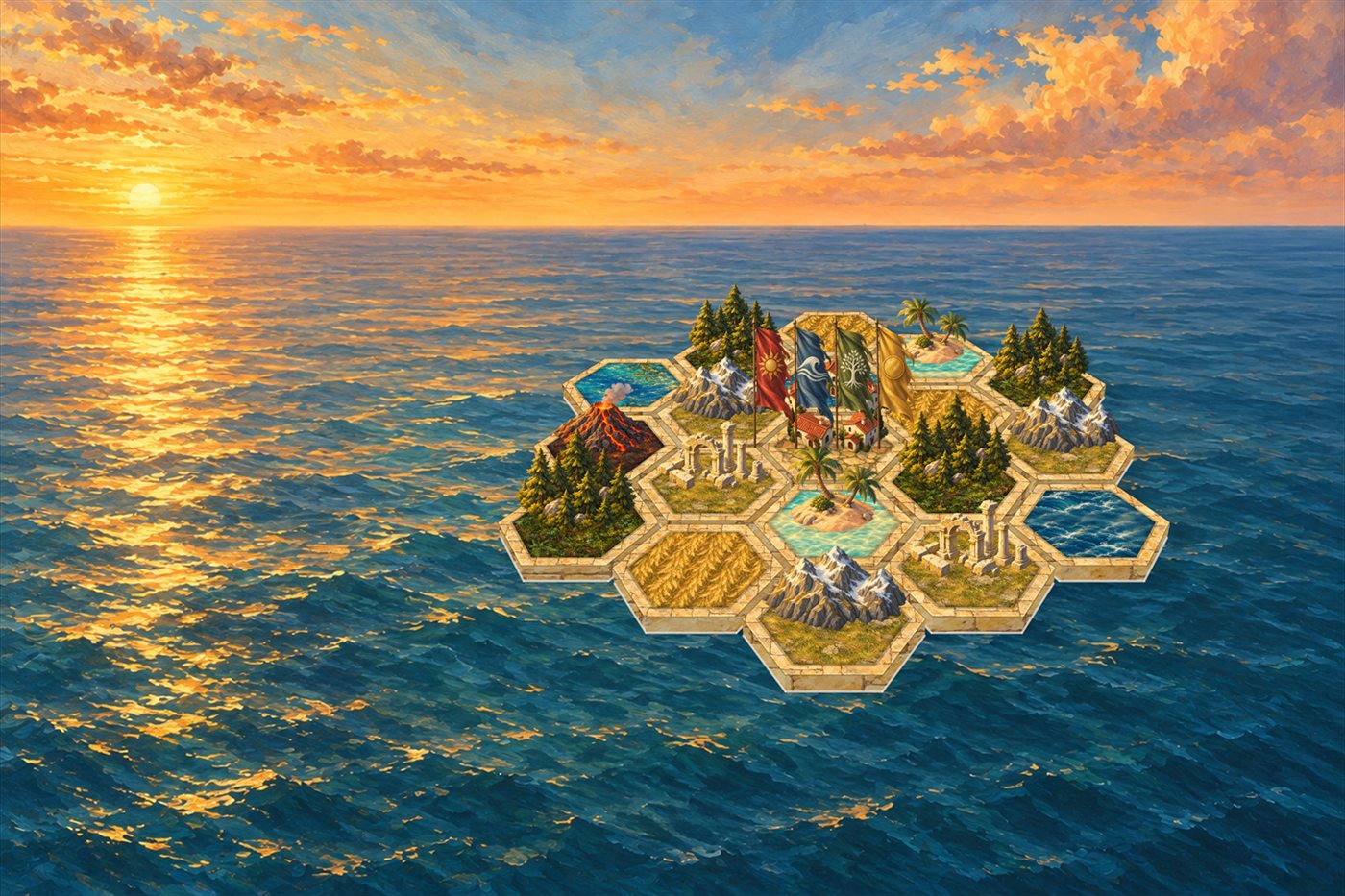 夕阳下海面上的 Terra Concordia 游戏版图